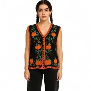 Designer Originals‎ Womens Halloween Sweater Vest Embroidered Pumpkins Leaves Lg
